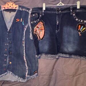 Denim beaded Indian vest and shorts